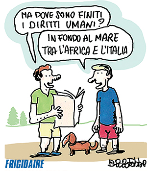 FRIGIDAIRE n.215 Vignetta di Fabrizio Fabbri. REPUBBLICA di FRIGOLANDIA, redazione di FRIGIDAIRE e IL NUOVO MALE mensile indipendente di satira e idee, diretti da Vincenzo Sparagna.