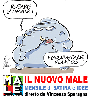 IL NUOVO MALE rivista di satira mensile indipendente, ideata e prodotta da FRIGIDAIRE, fondatore e direttore Vincenzo Sparagna, coordinamento e grafica di Maila Navarra. In edicola in tutta Italia. Vignetta di Cecigian