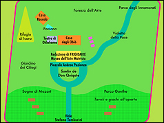 Frigolandia, piantina del parco, degli edifici e del bosco. Vacanze economiche in Umbria tra arte e natura. Soggiorni a Giano dell'Umbria a basso costo.